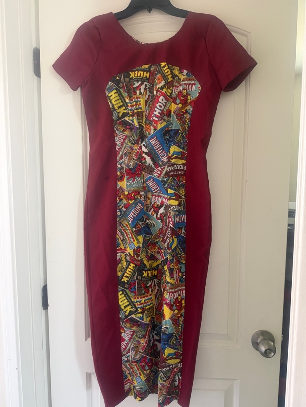Marvel Burgundy Midi Dress with Multicolor Comic-Print Panel